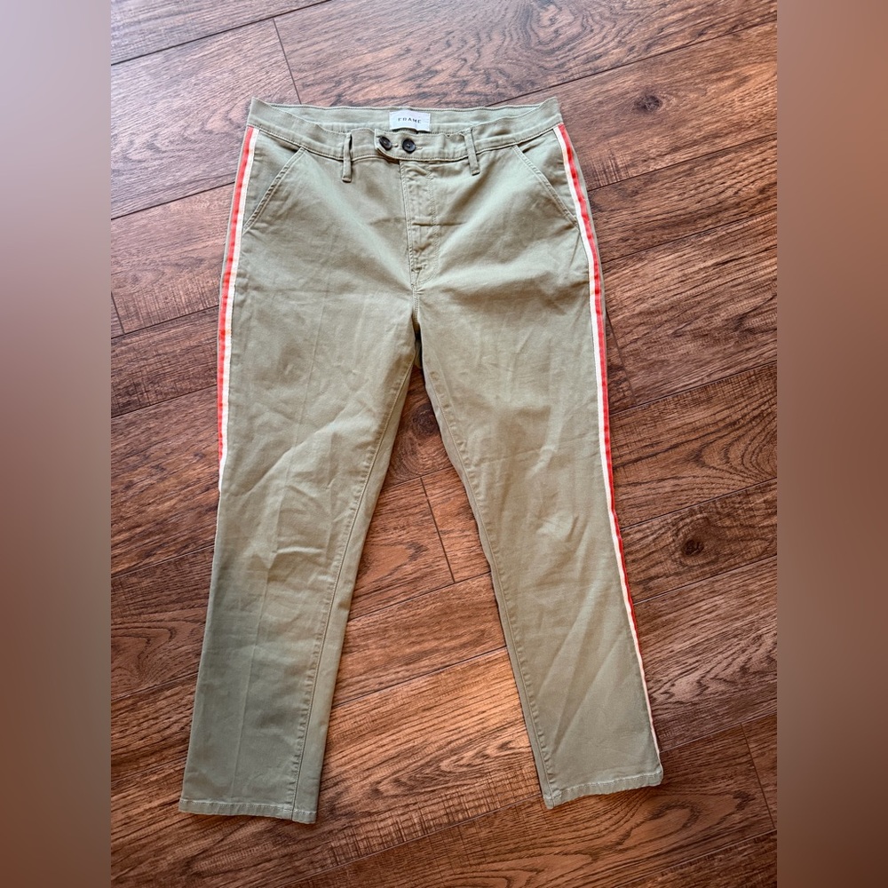 Frame Denim Olive Chinos with Red & White Side Stripe